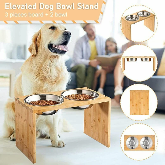 Large Dog Bowl Stand, Wooden Elevated Stand with 2 Large stainless steel Bowls, for Dog and Cat 【40*22*18cm】