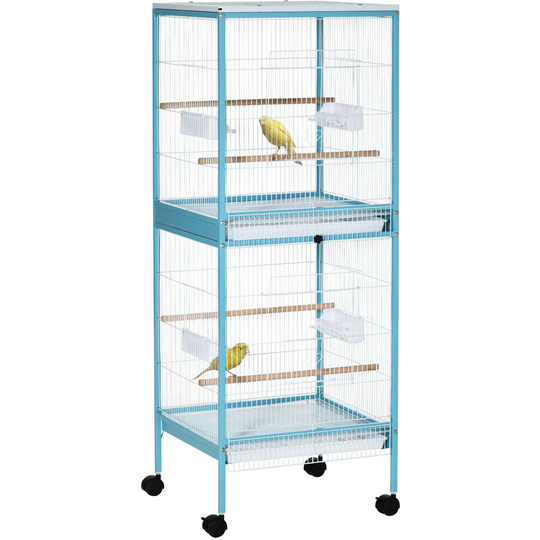 2 In 1 Large Bird Cage Aviary with Wheels, Slide-out Trays Wood Perches - Blue - Pawhut