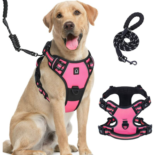 Dog harness, dog collar, dog leash set, reflective dog harness adjustable anti-pull vest(L)