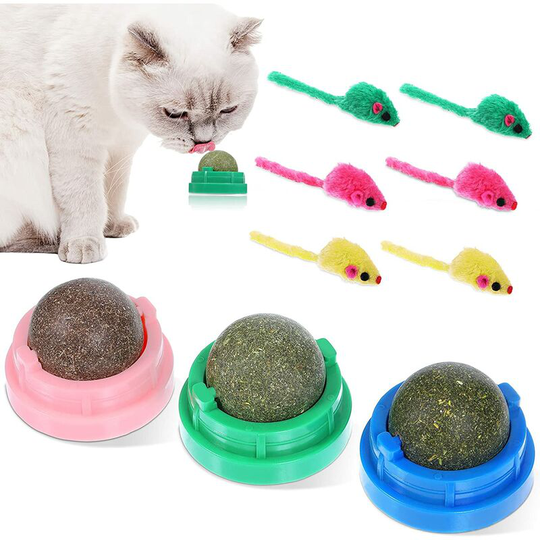 3 Pieces Rotatable Catnip Balls with 6 Pieces Cat Mice Toys Rattle Cat Mouse Toys Assorted Color Catnip Edible Balls Edible Kitten Teeth Cleaning