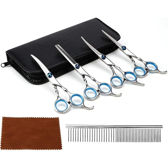 Dog Cat Grooming Scissors 6 in 1 Professional Pet Grooming Scissors Kit Safety Curved Tip Stainless Steel Titanium Coated & Thinning & Curved Shears