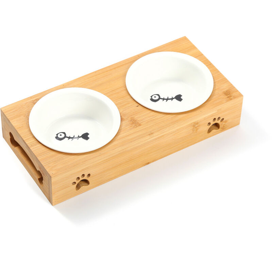 FVO - Elevated Dog Bowl with Bamboo Stand Dog Food Dispenser Pet Bar Elevated Bowl Support Double Bowls Elevated Dog Bar