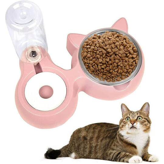 Cat and Dog Bowl,Automatic 2 in 1 Pet Bowl,Quiet Water Dispenser with Bottle,Stainless Steel Bowl,Anti-Spill and Anti-Overflow Double Bowl (Pink)