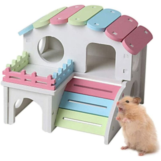 Double-Layer Hamster House Villa Wooden Toy, Hamster Nest Small Colorful Pet pvc House Funny Hiding Exercise Hut Playground Nest (s)