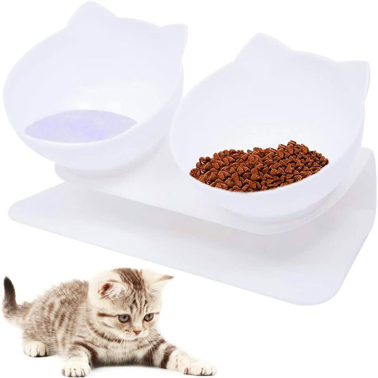 Double Pet Food Bowl with Raised Stand Double White Bowls