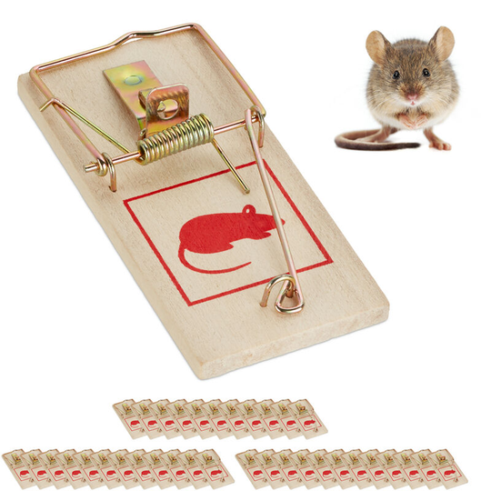 Set of 36 Mousetraps, Classic Mice Trap, Reusable, No Poison, Animal Trapping, Metal Hanger, Wooden, Natural - Relaxdays