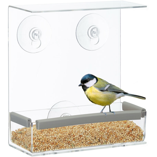 Window Bird Feeder, Feeding Station, With Suction Cups, h x w x d: 16.5 x 15 x 7.5 cm, Plastic, Transparent - Relaxdays