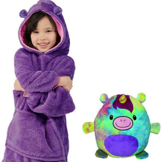 (Purple) Kids Blanket Hoodie Fleece Hooded Sweatshirt Oversized Pets Plush Soft Warm Coat Cartoon Pillow