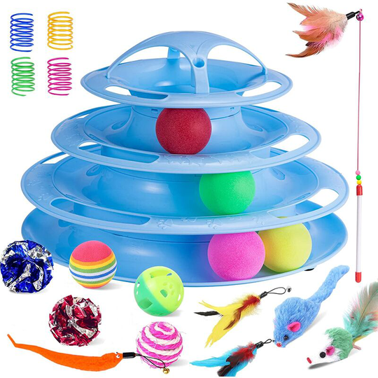 Indoor Cat Toy Cat Kitten Interactive Toy 4 Tier Tower Rolling Track Cat Teaser Ball Toy with 4 Colorful Balls (Blue)
