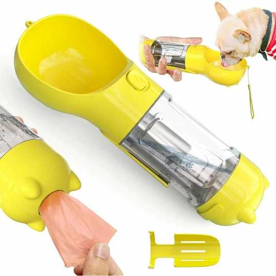 Monly - 300ml Dog Water Bottle,3 in 1 Portable Dog Water Bottle with Poop Scoop and Garbage Bag,Pets Drinking Bottle for Travel,Walking (Yellow)