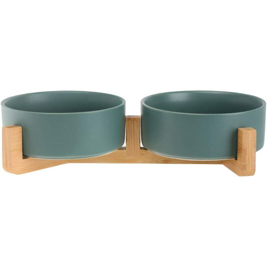 Aougo - Green Pet Dog and Cat Bowls Ceramic Dog Cat Bowls Bamboo Holder - Dishwasher Safe and Easy to Clean (2 Bowl)