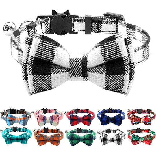 Cat Collar with Bell and Bow Tie, Quick Release Safety Collars for Kitten and Cats, Soft Tartan Collar, 1 Pack, Black