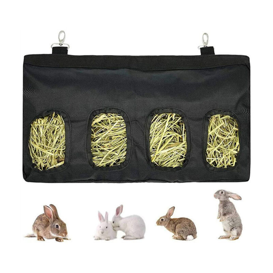 Rabbit hay feeding bag, 4-hole feeding hay bale, black - black