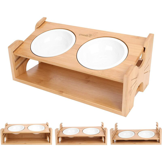 Modou - Elevated Cat Bowl with Bamboo Stand, 15° Inclined Cat Bowl with Double Ceramic Bowls, 3 Adjustable Heights, Anti-Vomiting Cat Bowl, Non-Slip