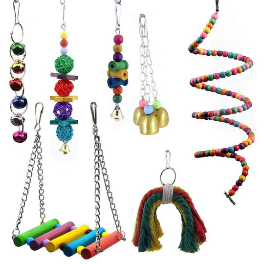 Set of 7 chew toys for birds with perches, balls and bells