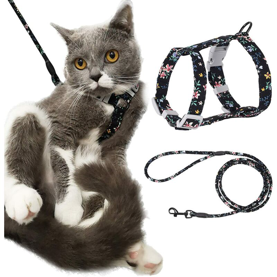 Modou - Cat Harness Leash Adjustable Harness and 145cm Rope Leash for Kitten Safety Walking (s Black)