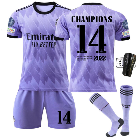 Real Madrid Stadium Away Purple Soccer Suit No. 14 with socks+protective gear, children's size 22