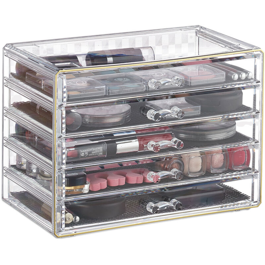 Relaxdays - Cosmetic Organiser with 5 Drawers, Acrylic, Dresser for Makeup & Jewellery, Protective Liners, Clear-Gold