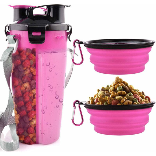 2 Collapsible Dog Bowls Portable Water Bottle 2 in 1 Water Bottle and Food for Dog and Cat, Walking Travel Bottle (Pink)