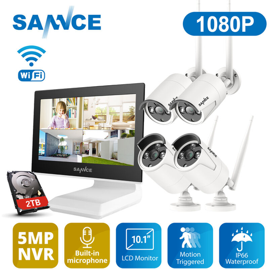 Sannce - 4CH 1080P Wireless Video Security System With 10.1 Inch nvr Recorder + 4PCS ip Weather Protection Cameras, Built-in Microphone, Night Vision