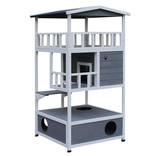 PawHut Cat House 3-Tier w/ Tilted Roof Bottom Tray Elevated Base