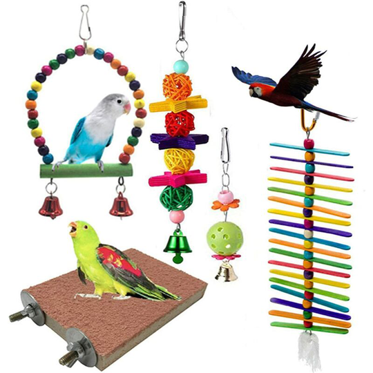 Perle Raregb - Bird Toys, 5 Pieces Chew Toys, Swing Perch Wooden Beads Bell Ball for Parrots, Parakeets, Canaries, Finches, Macaws, Cockatiels and