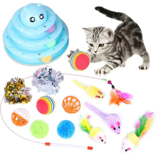 Cat Toys, 14 Pieces Cat Toys Kit with 4 Layers Cat Maze Toys, Cat Kitten Play Ball Toy, Interactive Indoor Cat Toys, Kitten Toys