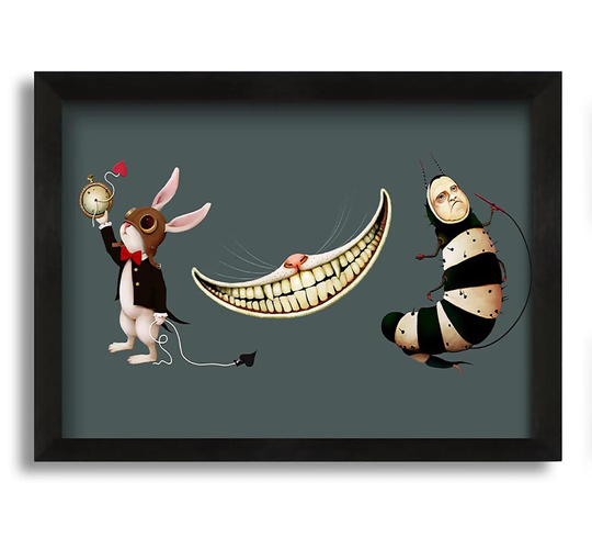 Alice in Wonderland Rabbit Cat and Caterpillar - Picture Frame Graphic Art on Canvas
