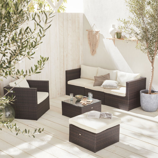 5-seater rattan garden furniture sofa set table, brown weave wicker, off white cushions. Aluminium frame. Ready assembled - Brown