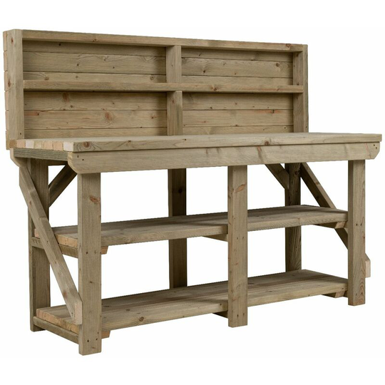 Wooden Pressure Treated Indoor / Outdoor Workbench, 7ft (210cm), With back panel and Double shelf