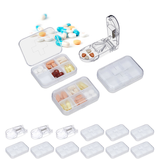 Relaxdays - Set of 12 Pill Dispenser, 6 Compartments, Med Cutter, Compact, Portable, Plastic Travel Case, White