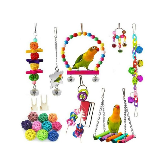 Bird Toys, 19 Pieces Wood Feet Perches, Swings, Ladders, Climbing Perches for Small and Medium Bird Cages, Parrots