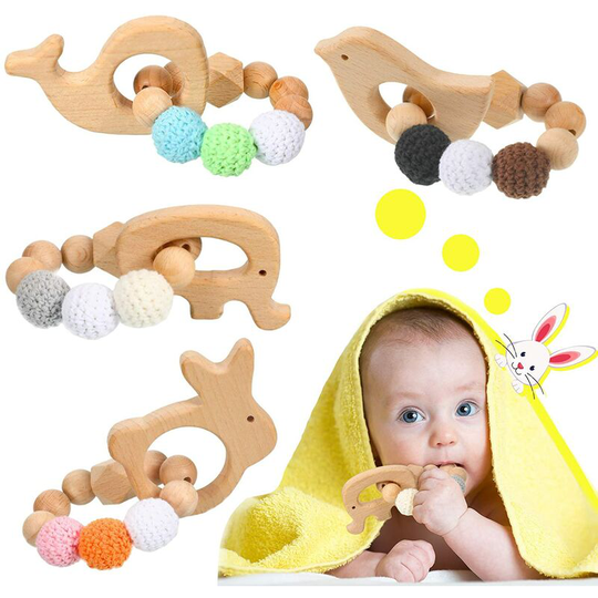 4 Pieces Baby Wooden Teethers Wooden Teething Toy Wooden Beads Baby Teething Chew Toy Gym Rattle Teether for Help Relieve Teething Discomfort