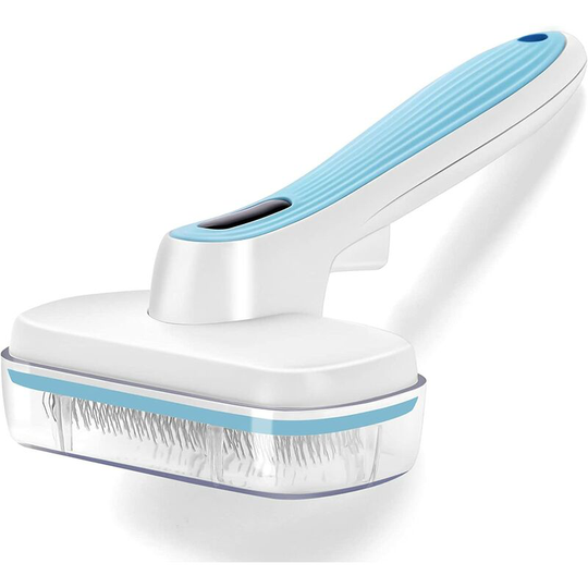 Dog Cat Brush, Pet Grooming Brush for Daily Grooming and Dirt Cleaning, Curved Comb with Protective Dots, One Button Hair Removal - Blue