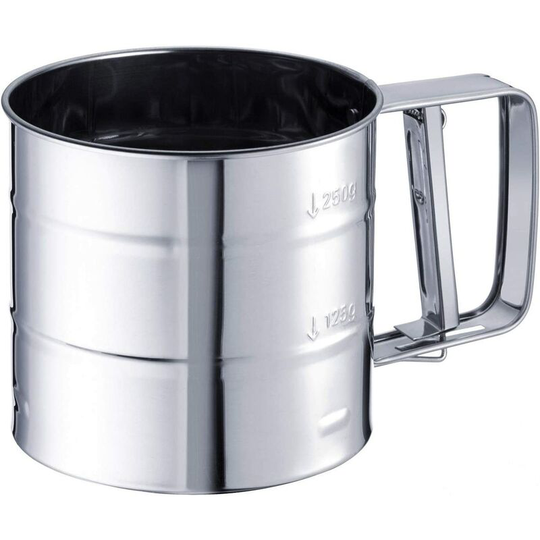 Flour and powdered sugar sieve, with handle, stainless steel, silver