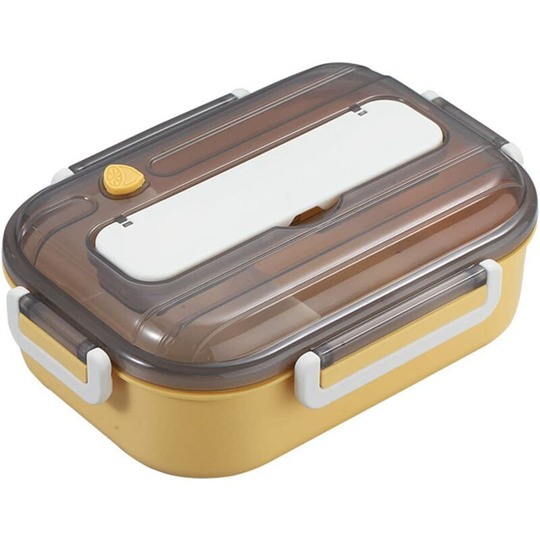 Lunch Box, 1300ml Plastic Lunch Box with Cutlery and 2 Compartments, Sealed Box for Picnic, School, Work (Yellow)