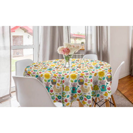 Caite Cartoon Easter Chicken Eggs Sun Rabbit Berries Garden Arrangement Tablecloth
