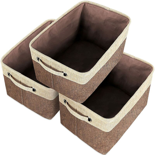 Set of 3 Foldable Fabric Storage Baskets, Jute Cube Storage Box with Cotton Carry Handle, for Clothes, Underwear, Books, Toys, Office Basket, Brown &