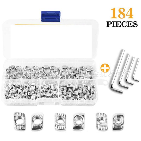 184PCS t Lock Nut Assortment Kit, Slotted Nut Hammer Head Fixing Nut Kit for Aluminum Profile Made of Carbon Steel Size of M3 M4 M5