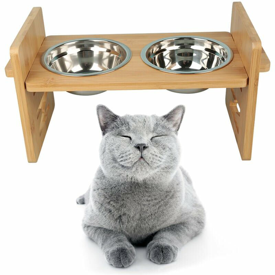 Elevated Bowls - for Dogs and Cats - Elevated Bamboo Stands with 2 Stainless Steel Water and Food Bowls - with Non-Slip Feet (h. 19.5 cm)