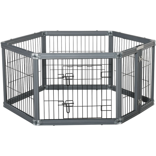 Dog Play Pen 6 Panel Pet Playpen Foldable Rabbit Guinea Pig Run w/ Door - Grey - Pawhut