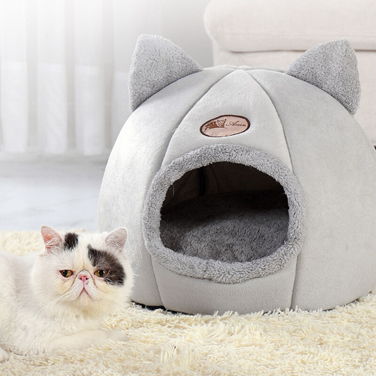 Plush nest bed of cats and dogs, semi closed and warm, in winter, Grey, m
