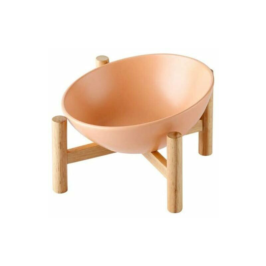 Orange Raised Bowl Holder Sloped Dog and Cat Bowl Ceramic with Bamboo Wooden Stand Small