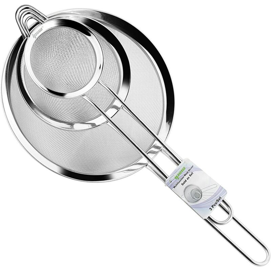 Stainless Steel Kitchen Colander / Flour Sifter with Fine Mesh Handles 7cm, 12cm and 18cm for Powdered Pie Batter Draining Noodles / Rice Sauce Bowl
