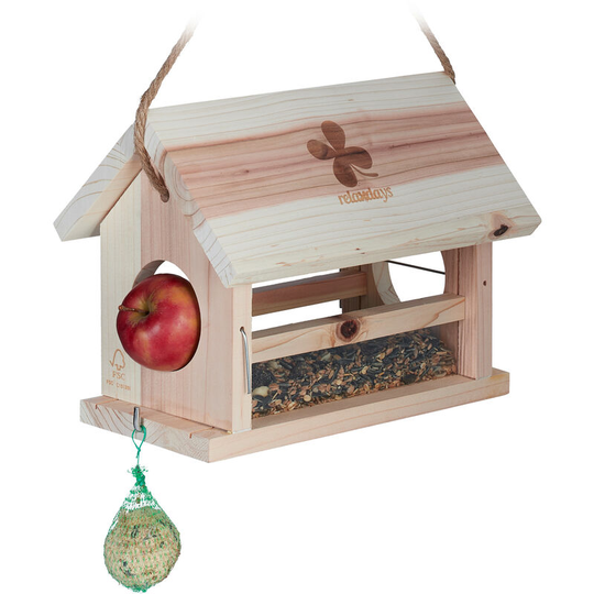 Bird Feeder, with Tit Dumpling Holder & Apple Holders, HxWxD: 24 x 31 x 20 cm, Weatherproof, Natural - Relaxdays