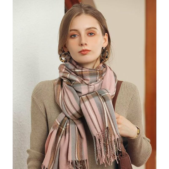 Cashmere like scarf with tassel plaid shawl in winter Women's medium length thickened warm scarf, pink