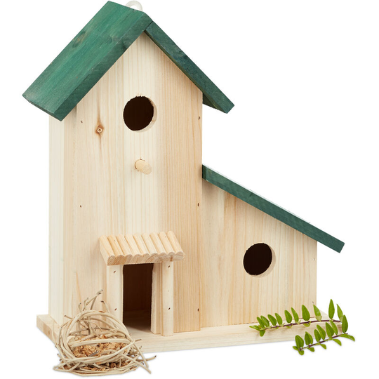 Wooden Birdhouse Mansion, Nesting Box, Decorative Breeding Aid for Balcony or Garden, HxWxD: 30.5 x 26 x 12 cm, Green - Relaxdays