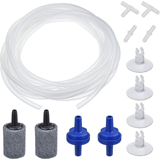 6.5 Feet Standard Aquarium Air Pump Accessories, 2 Aerial Release Stones, 2 Control Valves, 4 Suction Clips, 2 Straight Connectors and 2 T-Connectors