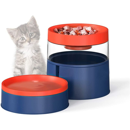 Modou - Cat Bowls, Automatic Feeder and Waterer for Cats and Dogs, Double Cat Bowls, 2 in 1 Automatic Slow Feeder for Kitten Puppy (Blue + Orange)