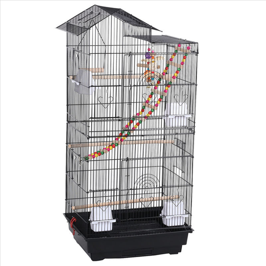 39'H Metal Parrot Cage Birdcage w/Swing & Ladder, Black - black - Yaheetech